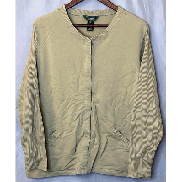 LL Bean Sweater Womens Size Large Green-Cream Hide Button Cardigan Fleece - Picture 1 of 7